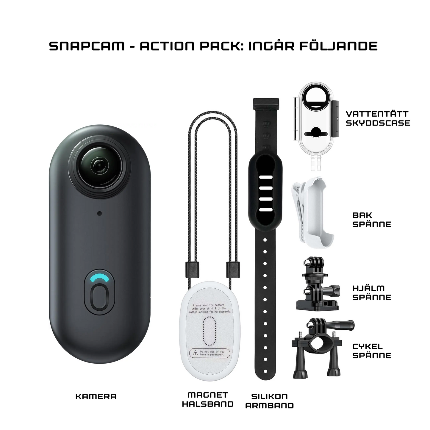 SNAPCAM – Mini Action Camera 4K (1080P) + Action Pack (ink 64GB SD kort)