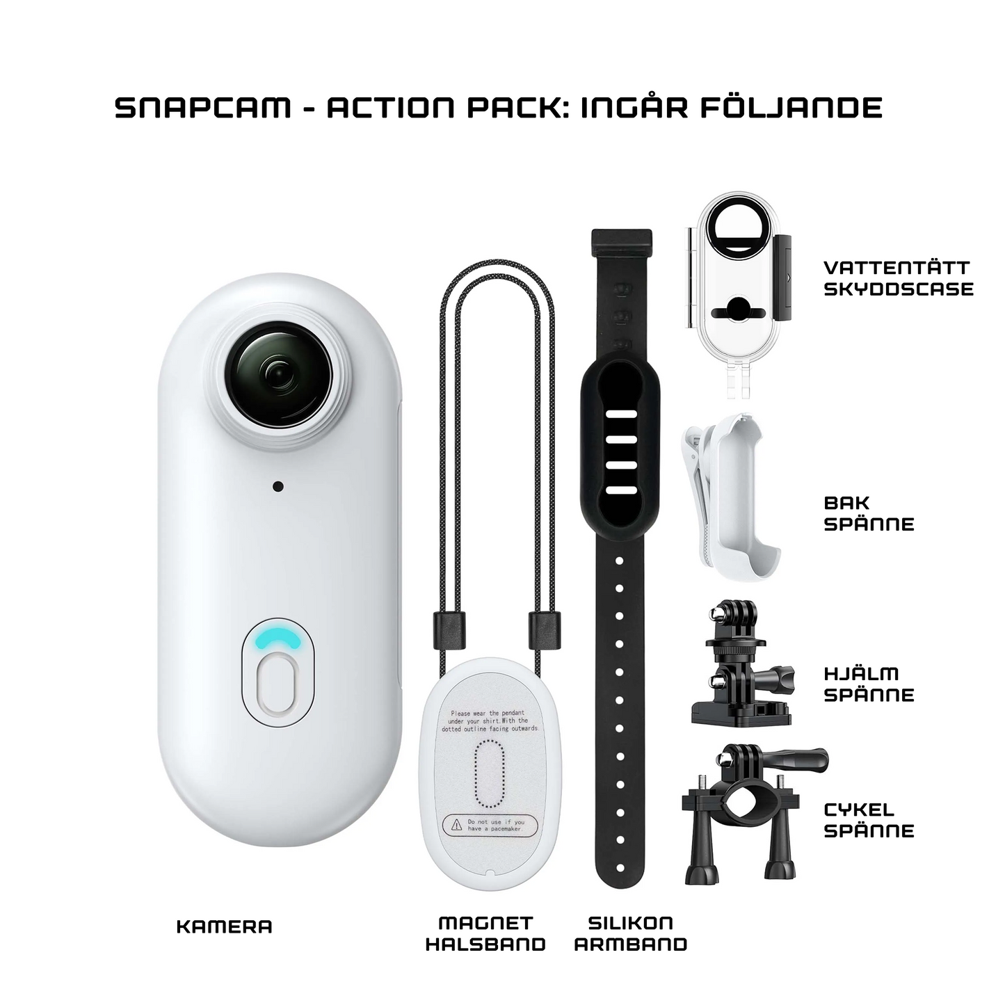 SNAPCAM – Mini Action Camera 4K (1080P) + Action Pack (ink 64GB SD kort)